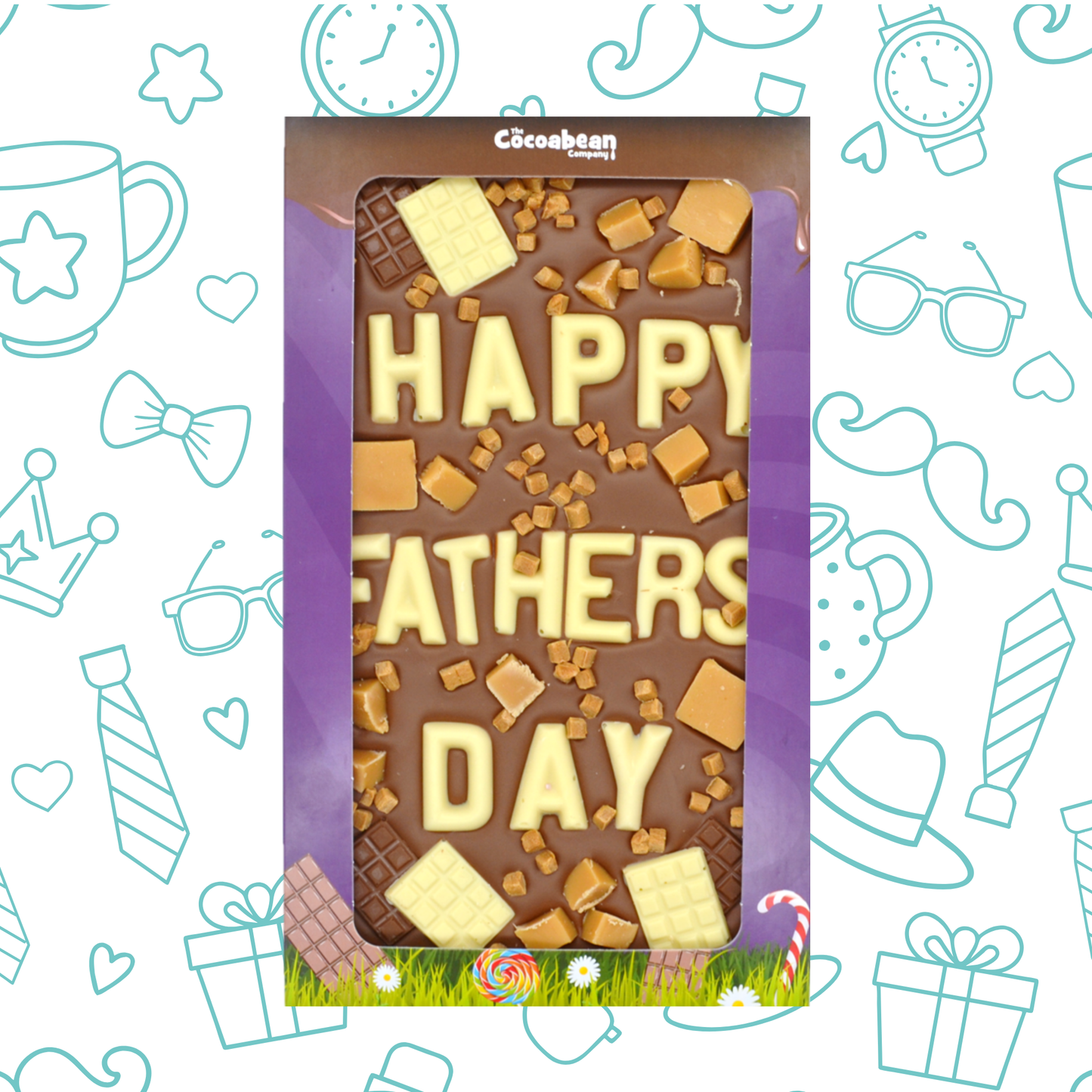 Chocolate bar with 'Happy Father's Day' text on a decorative background