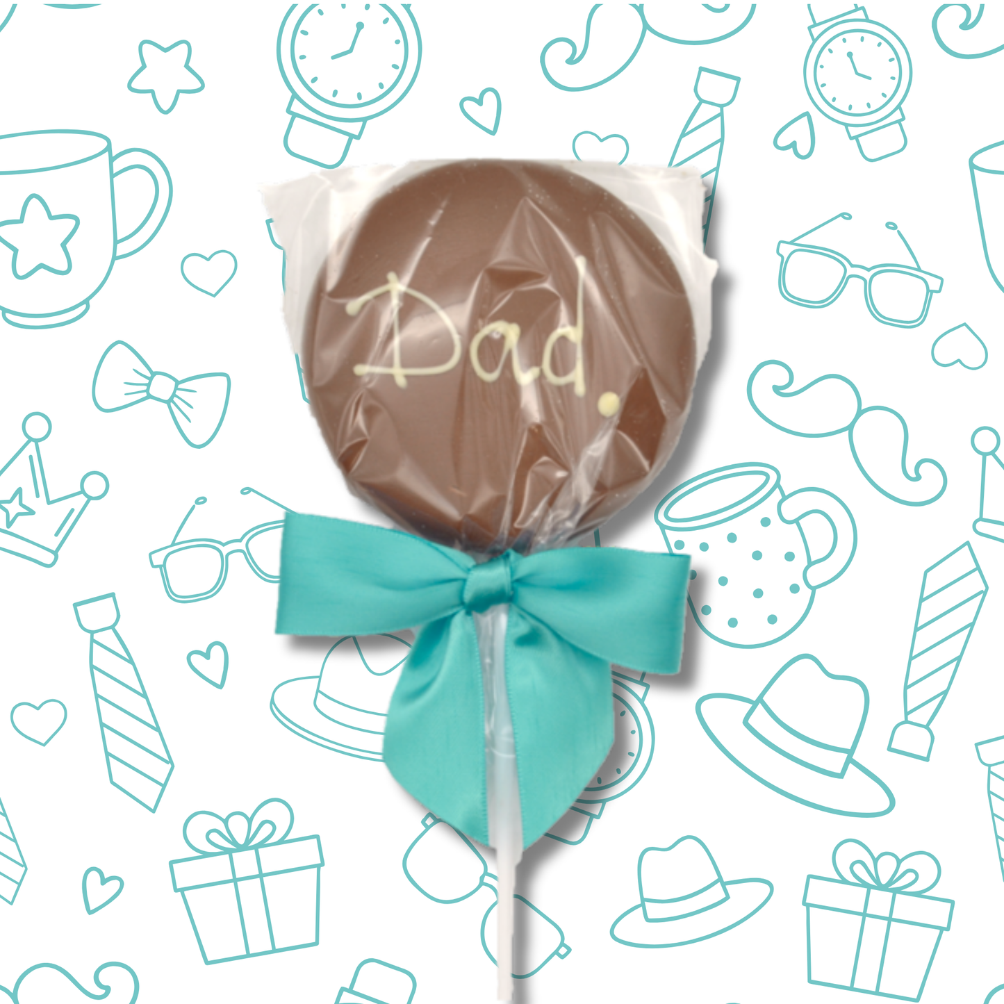 Chocolate lollipop with a teal bow and 'Dad' text on a patterned background