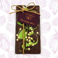 Dark mint chocolate bar with a decorative label on a white background with cacao bean pattern