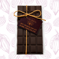 Dark chocolate bar with a visible brand tag on a patterned background