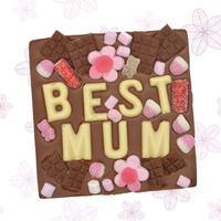 Chocolate bar with 'BEST MUM' text and decorative elements on a floral background