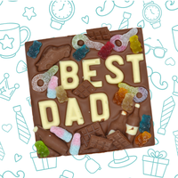 Chocolate bar with 'BEST DAD' text and gummy bears on a Father's Day themed background