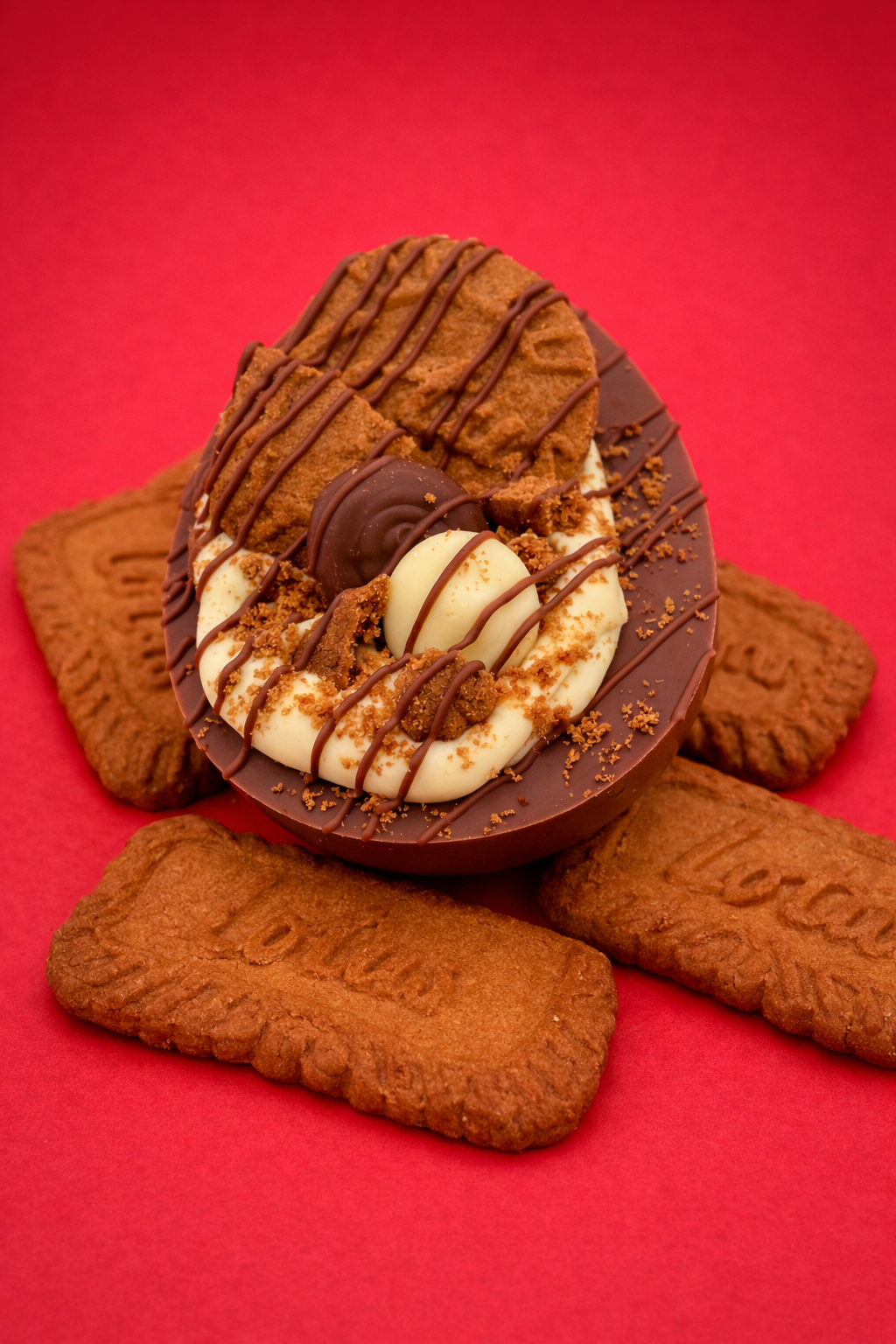 Chocolate Easter egg with cookie-like shell on a red background