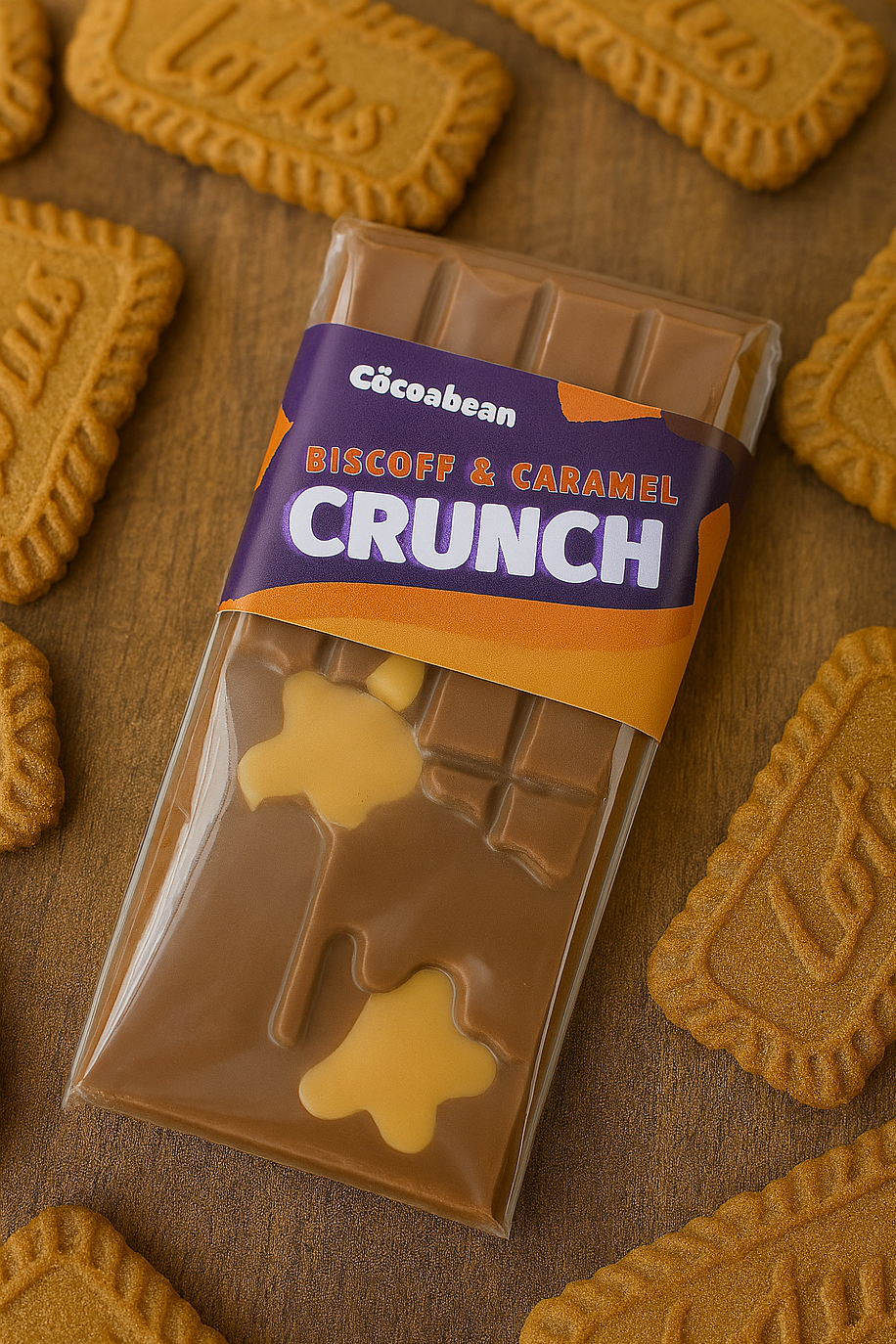 CocoaBean Biscoff & Caramel Crunch chocolate bar with cookies on a wooden surface
