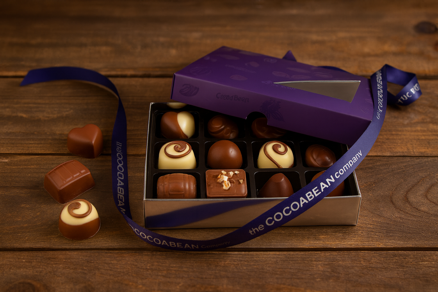 Box of chocolates with a purple ribbon on a wooden surface, featuring the COCOA BEAN Company branding.