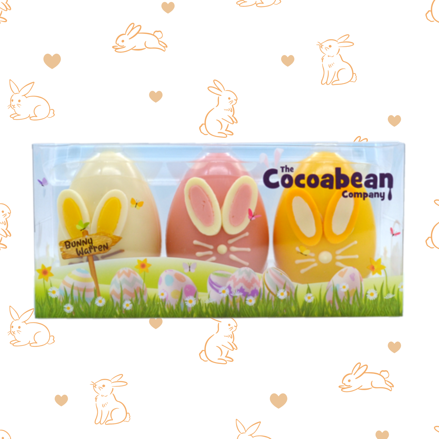 Packaged Easter-themed chocolate bars with bunny ears on a decorative background featuring bunnies and hearts.