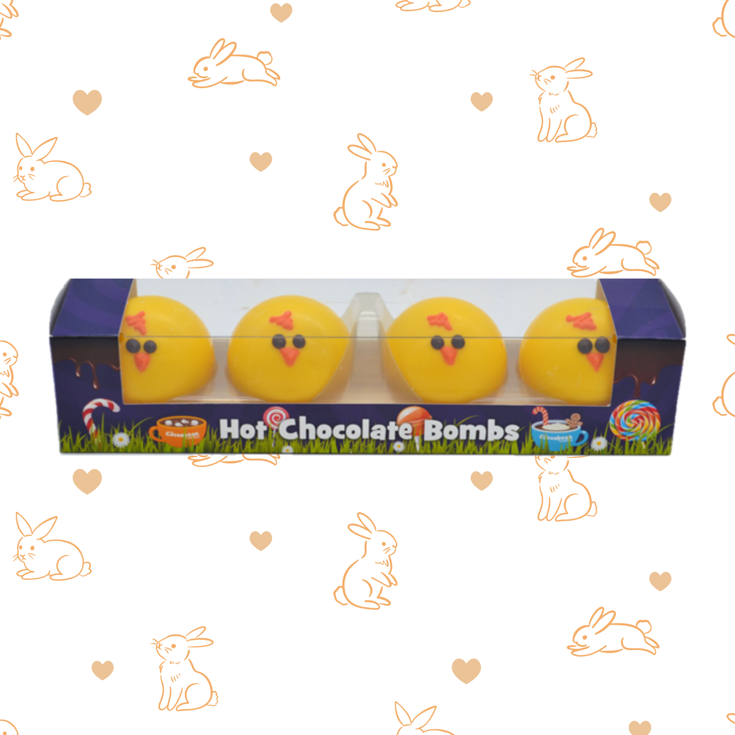 Box of Hot Chocolate Bombs with Easter-themed design on a white background with bunny illustrations.
