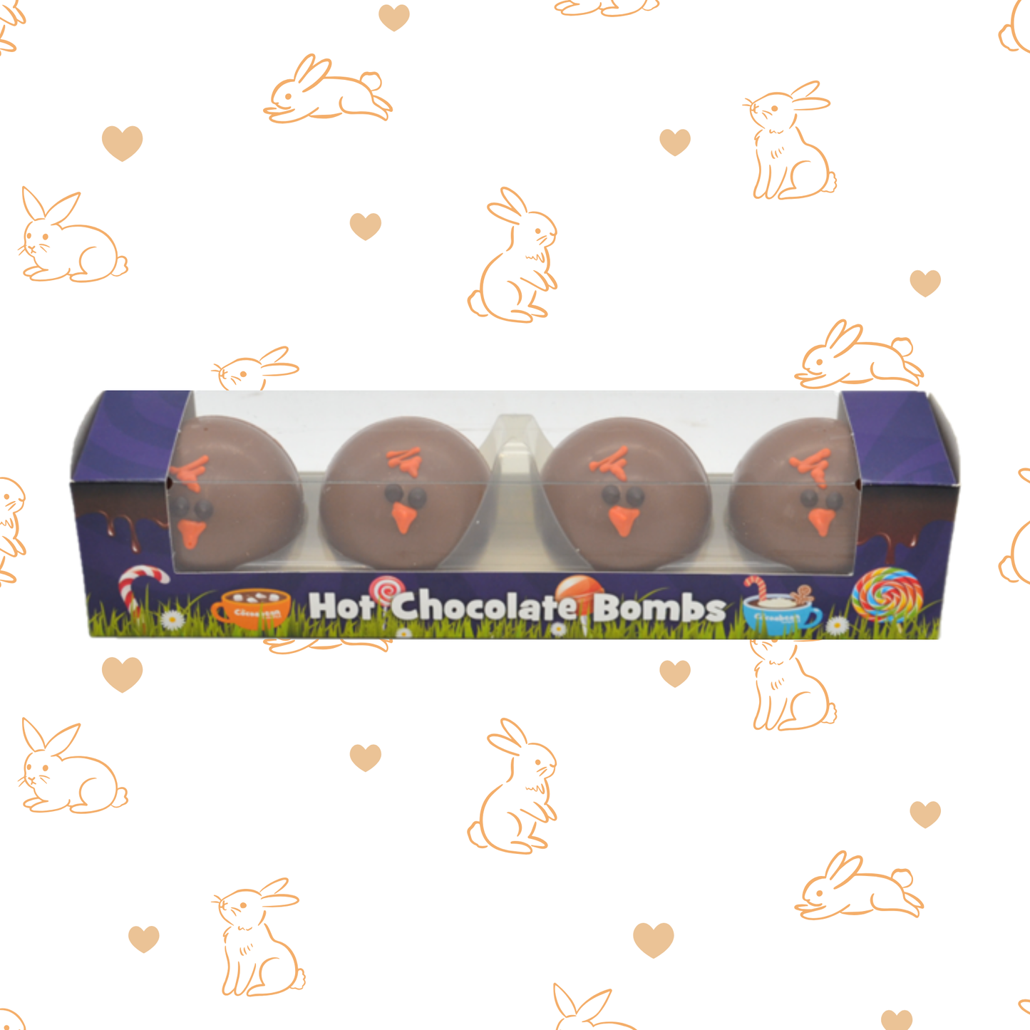 Box of Hot Chocolate Bombs with decorative packaging on a patterned background with bunnies and hearts.