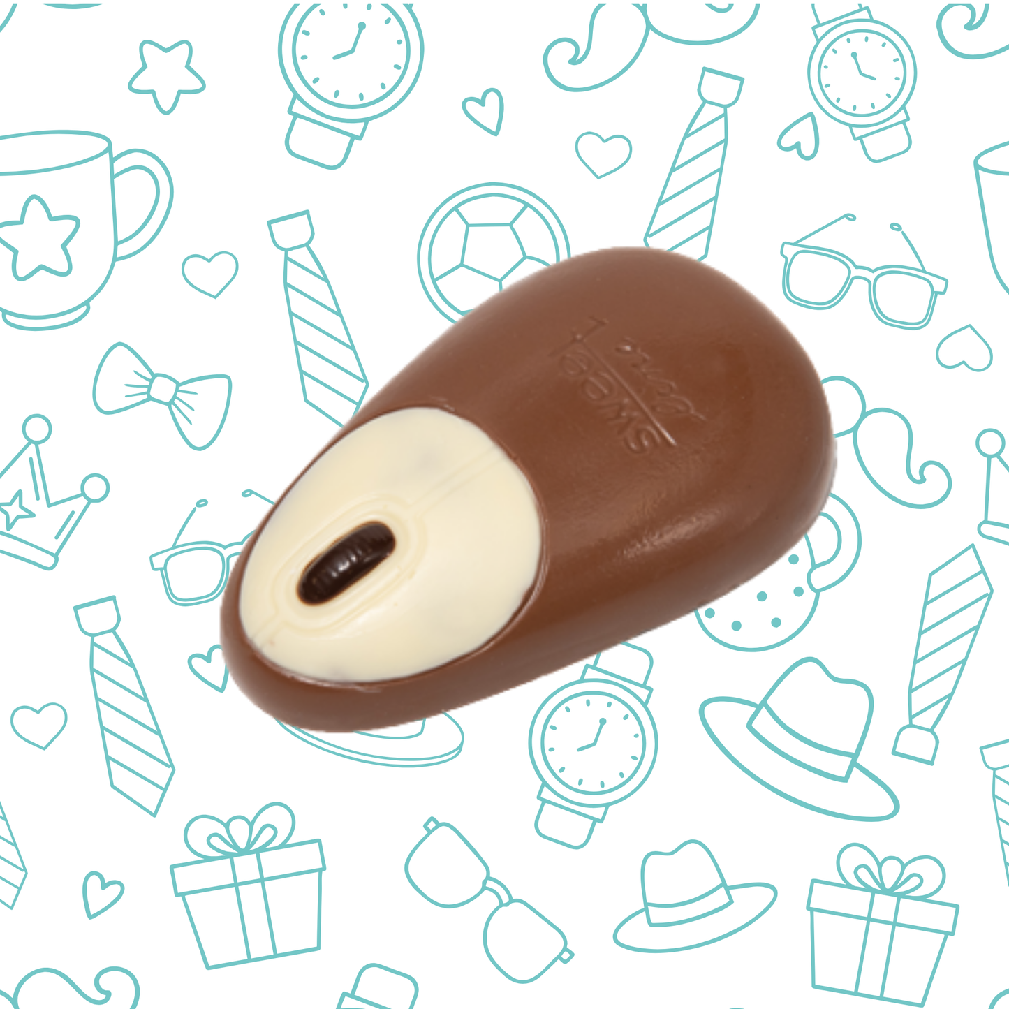 Chocolate-shaped computer mouse on a patterned background with icons.