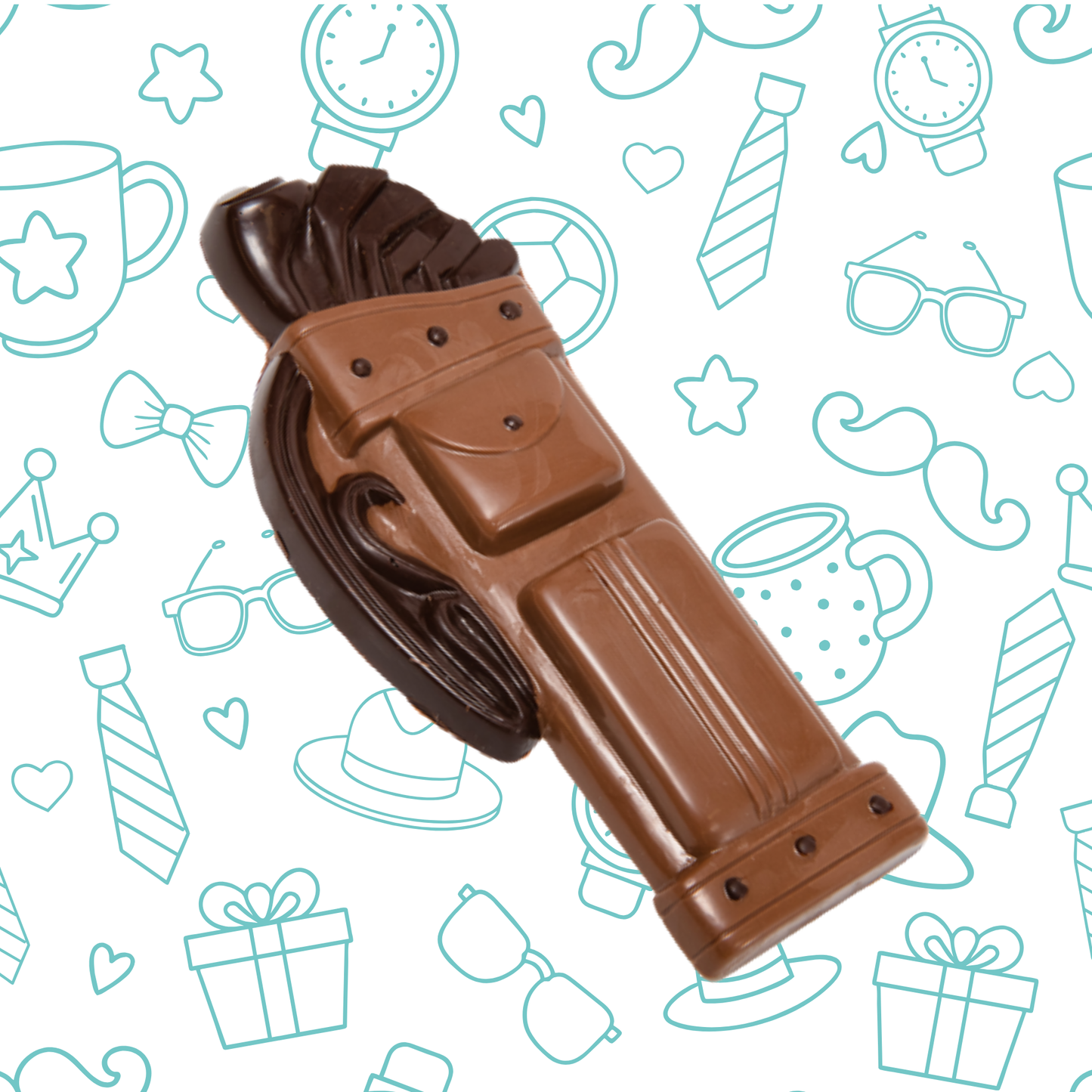 Chocolate golf bag shaped object on a patterned background with icons.