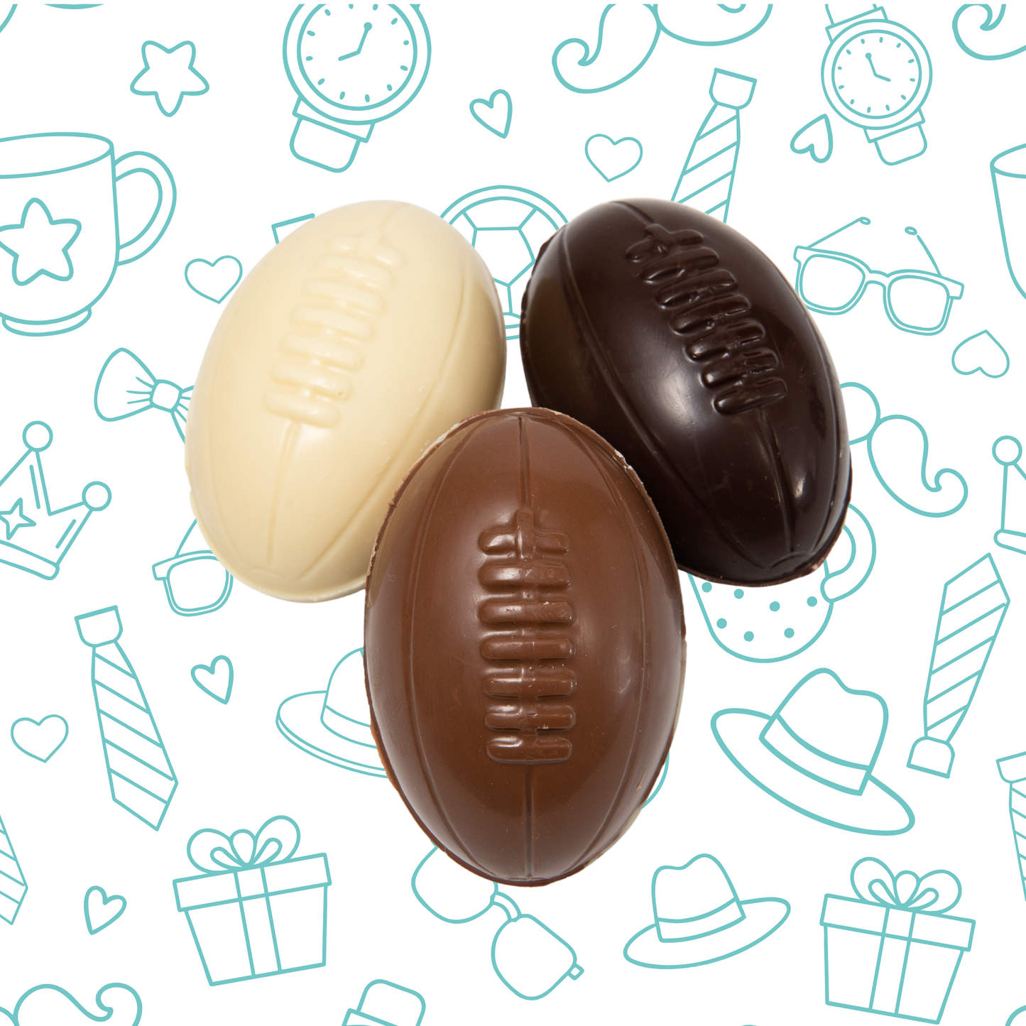 Three chocolate rugby balls on a patterned background with icons.