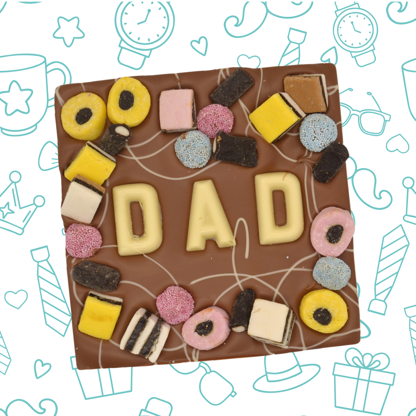 Chocolate bar with 'DAD' spelled out using various shaped candies on a decorative background.