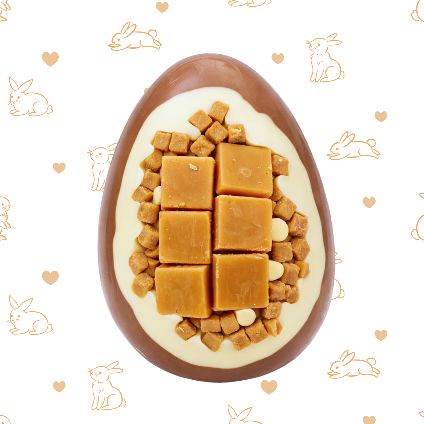 Chocolate egg with caramel pieces on a patterned background with bunnies and hearts