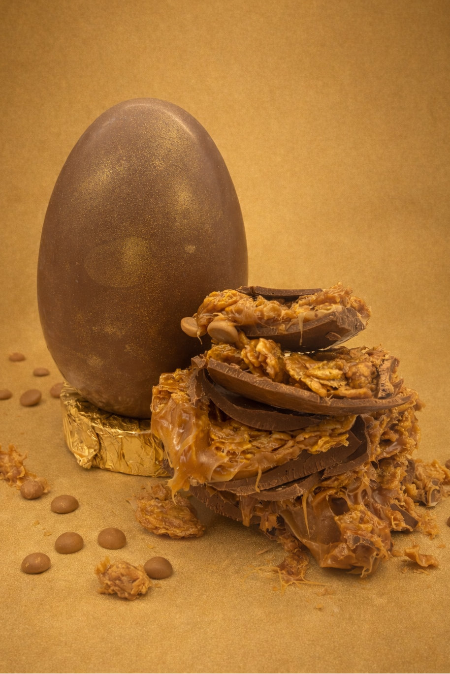 Chocolate egg with a stack of broken easter egg on a brown background
