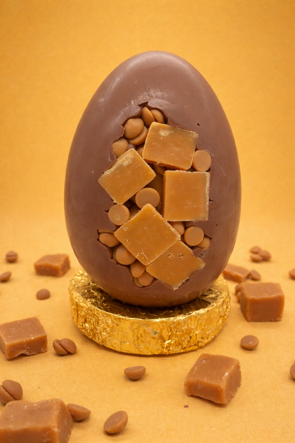 Chocolate egg with caramel pieces on a gold base against a yellow background