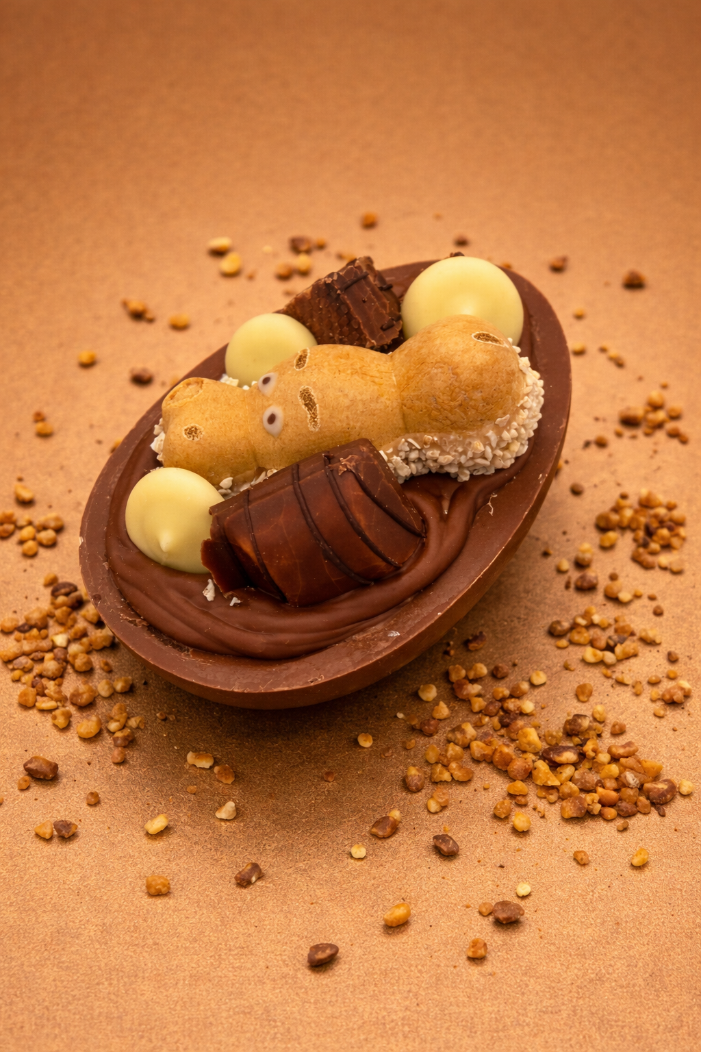 Chocolate dessert with cream filling on a brown background