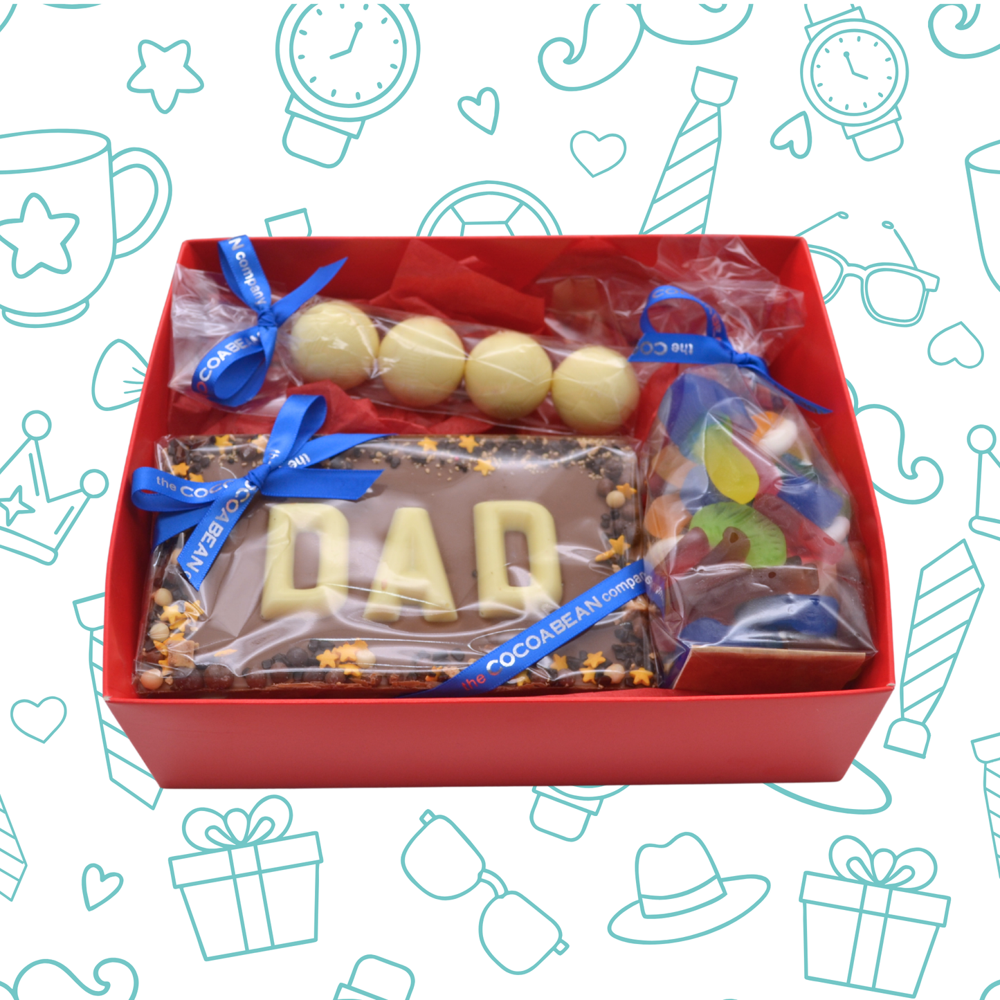 Gift box with 'DAD' chocolate bar and wrapped candies on a decorative background with icons.