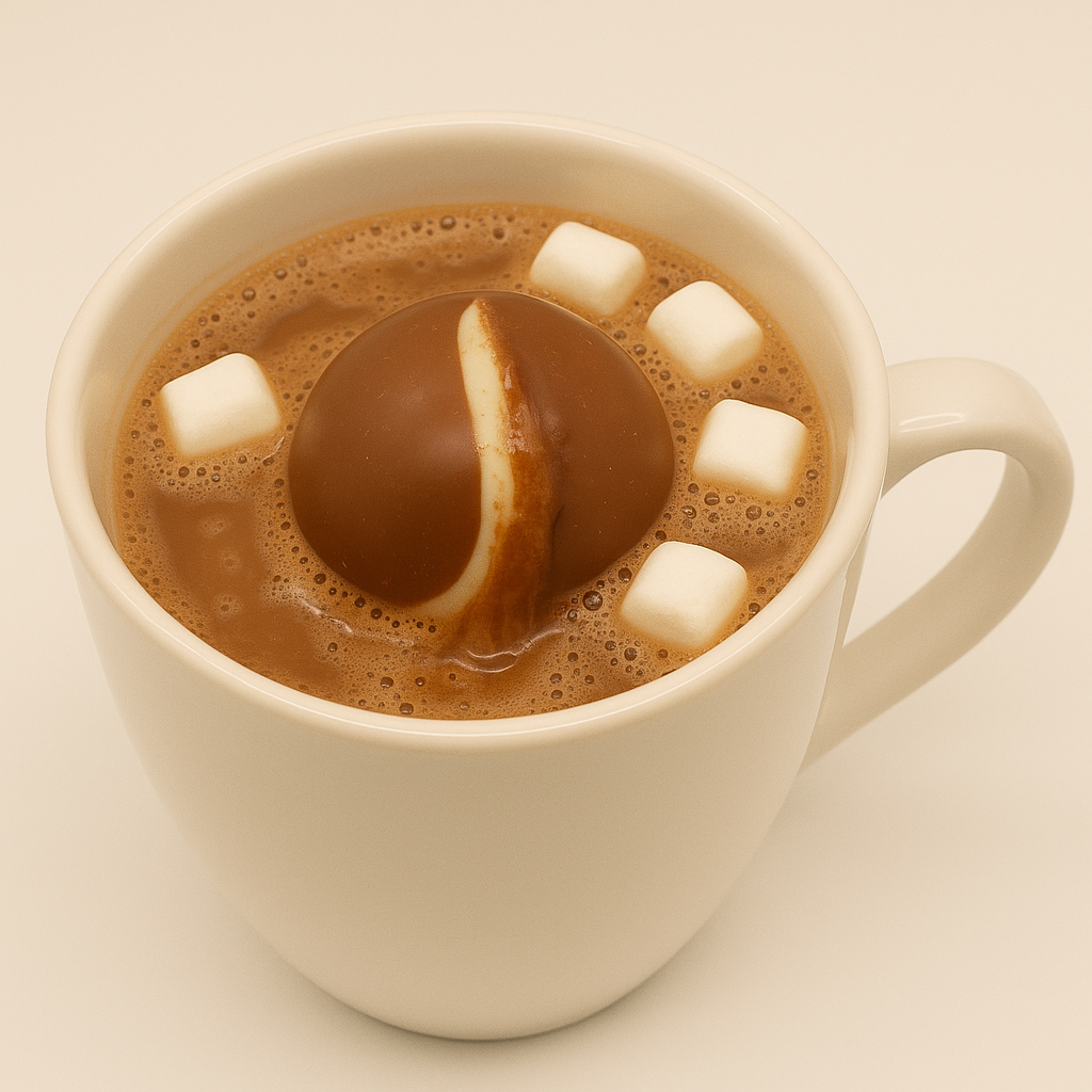 White mug filled with hot chocolate, marshmallows, and a chocolate bomb on a beige background