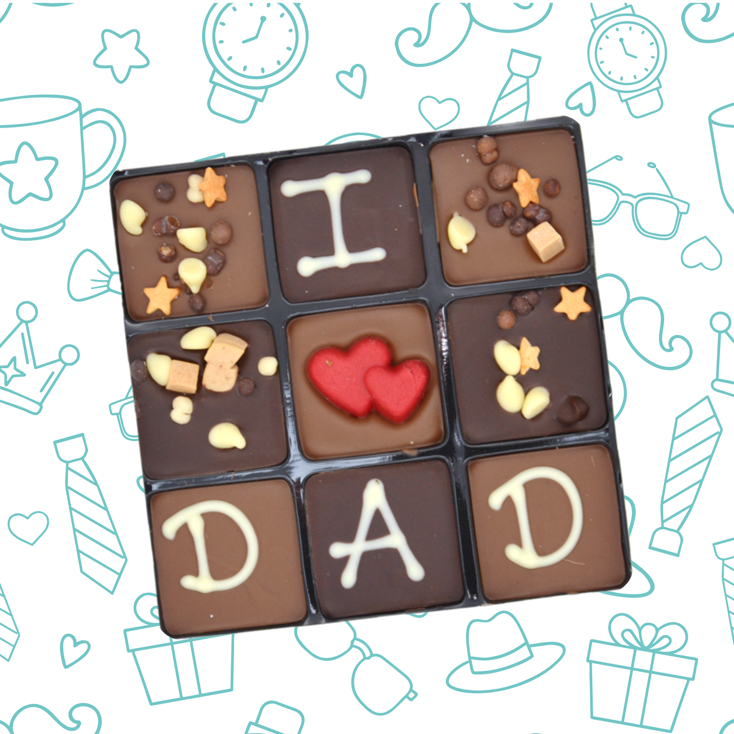 Chocolate assortment with 'I § DAD' on a decorative background