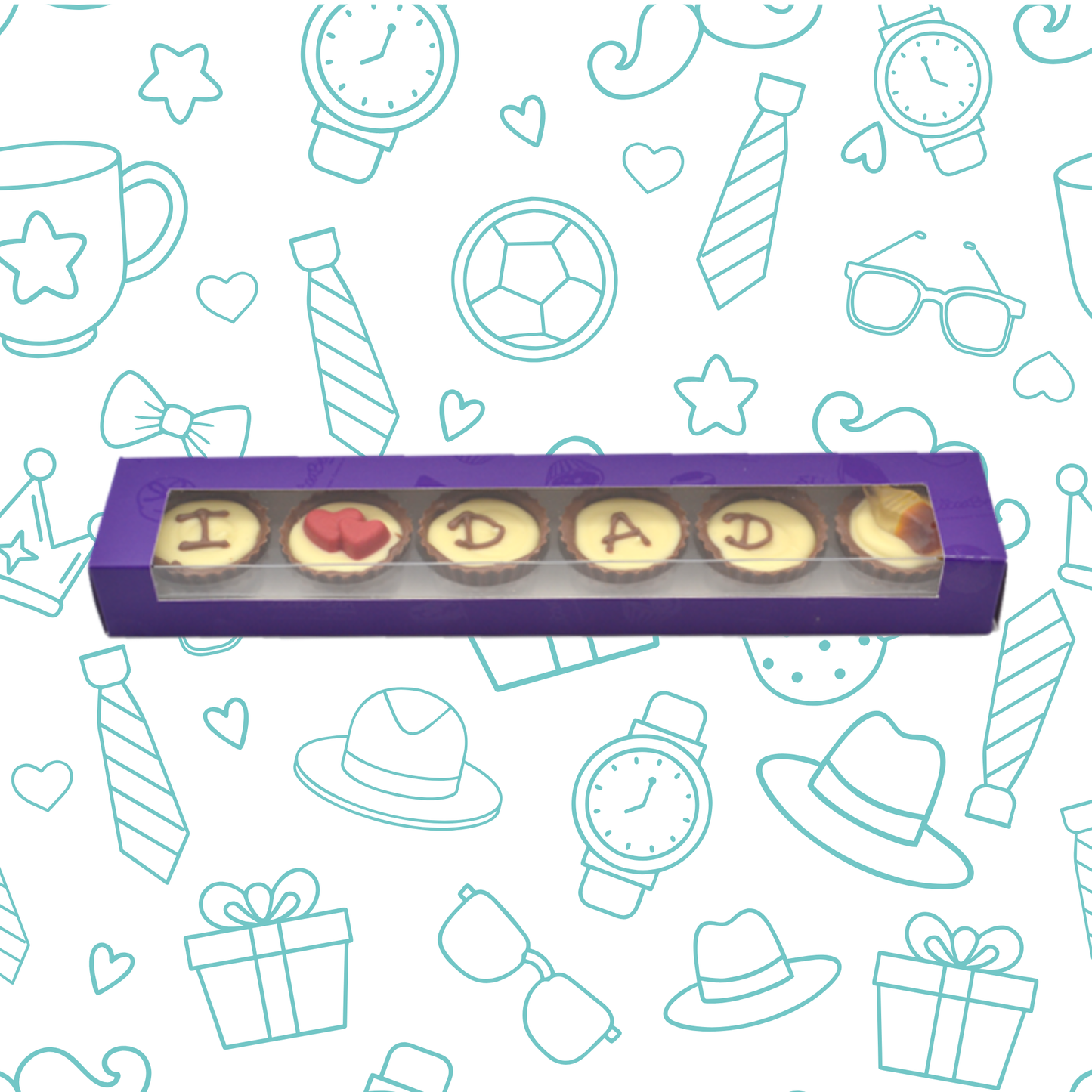 Box of chocolates with chocolate letters spelling 'DAD' on a patterned background with Father's Day items.