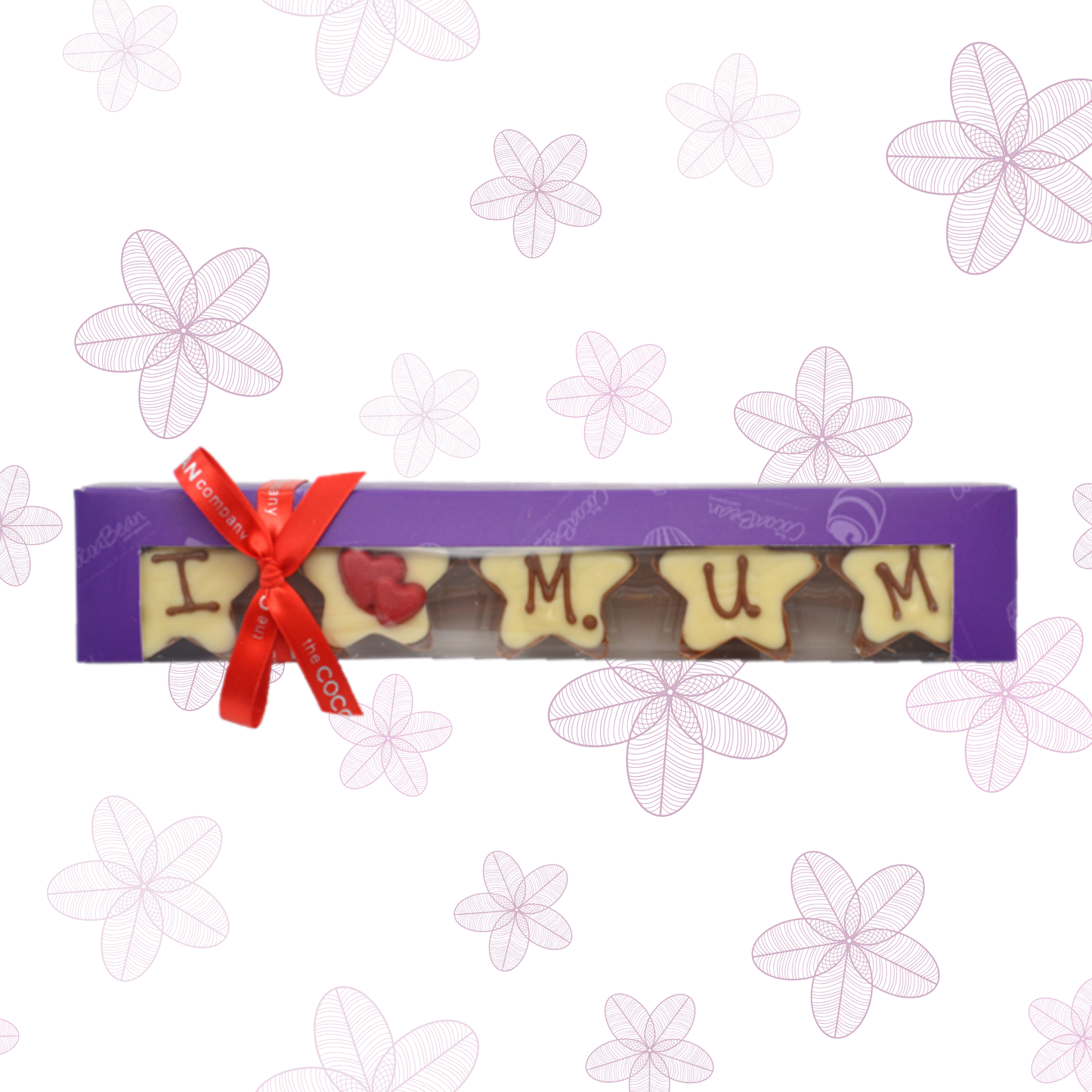 Box of chocolates with 'I love mum' text on a floral background