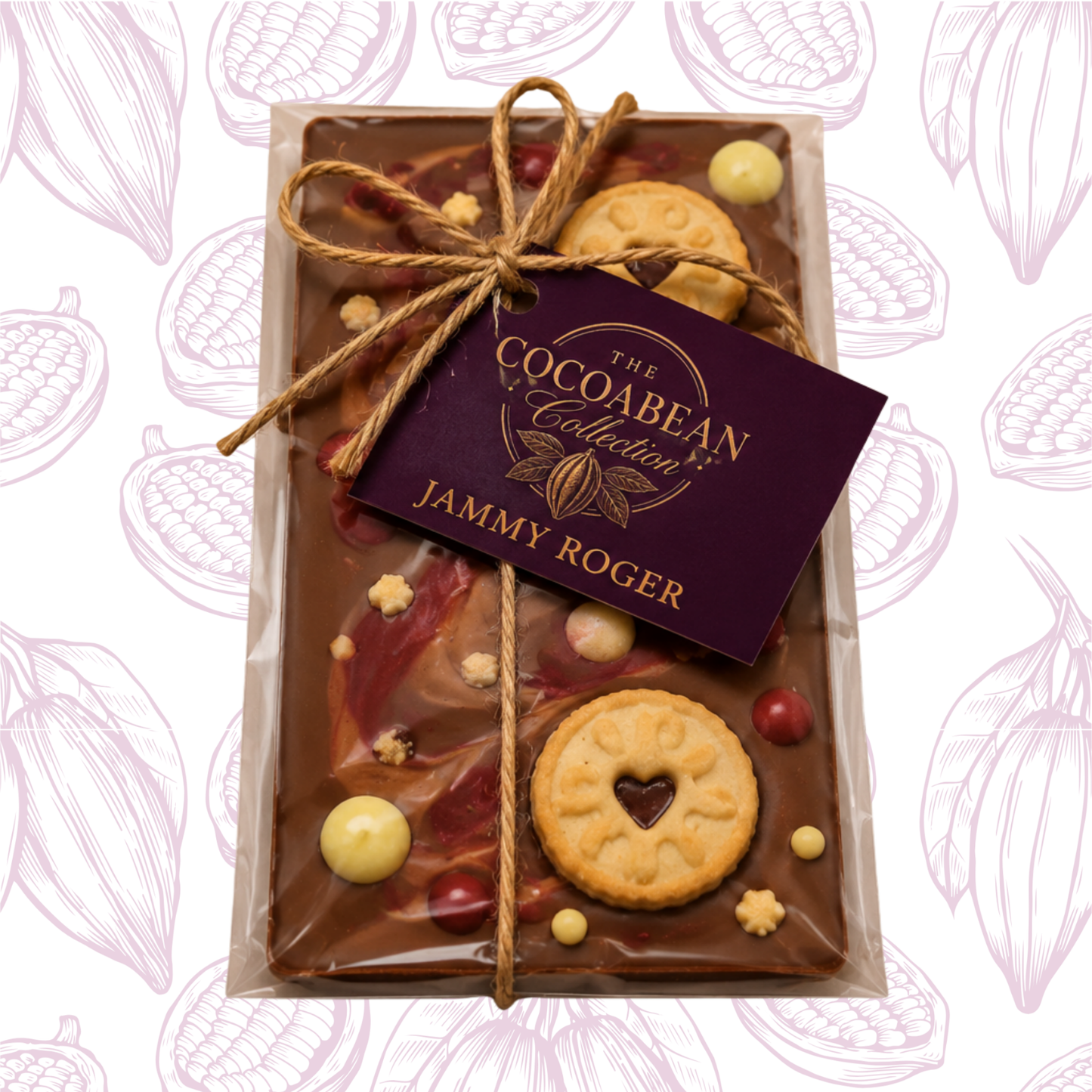 milk chocolate bar with mini jammy dodgers and white chocolate pieces on decorative background