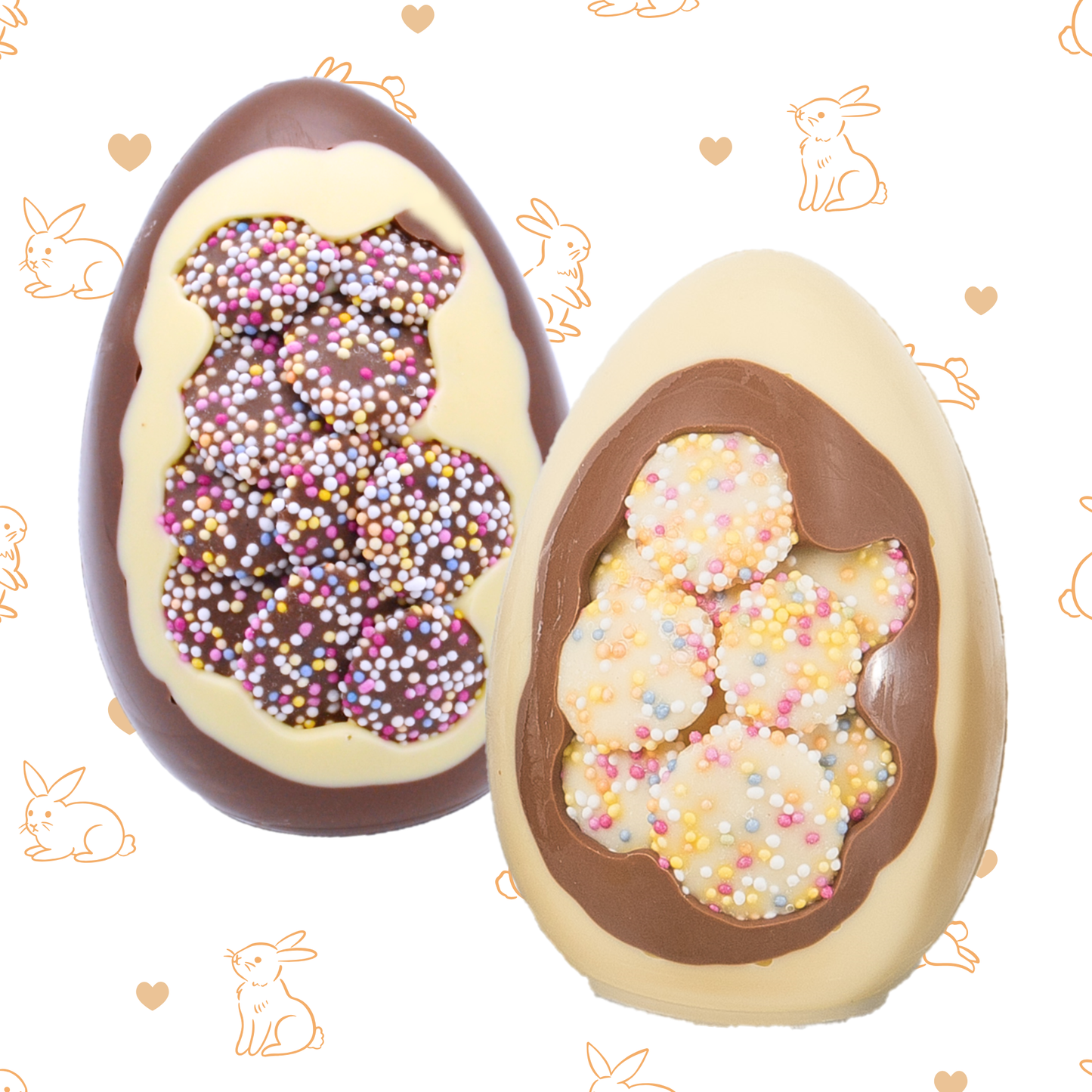 Two chocolate eggs with sprinkles on a decorative background with bunnies and hearts.