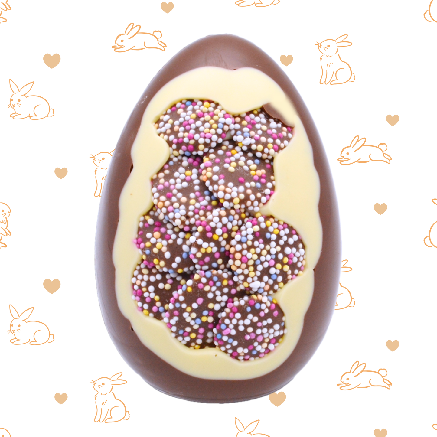 Chocolate egg with a jazzies inclusion on a patterned background