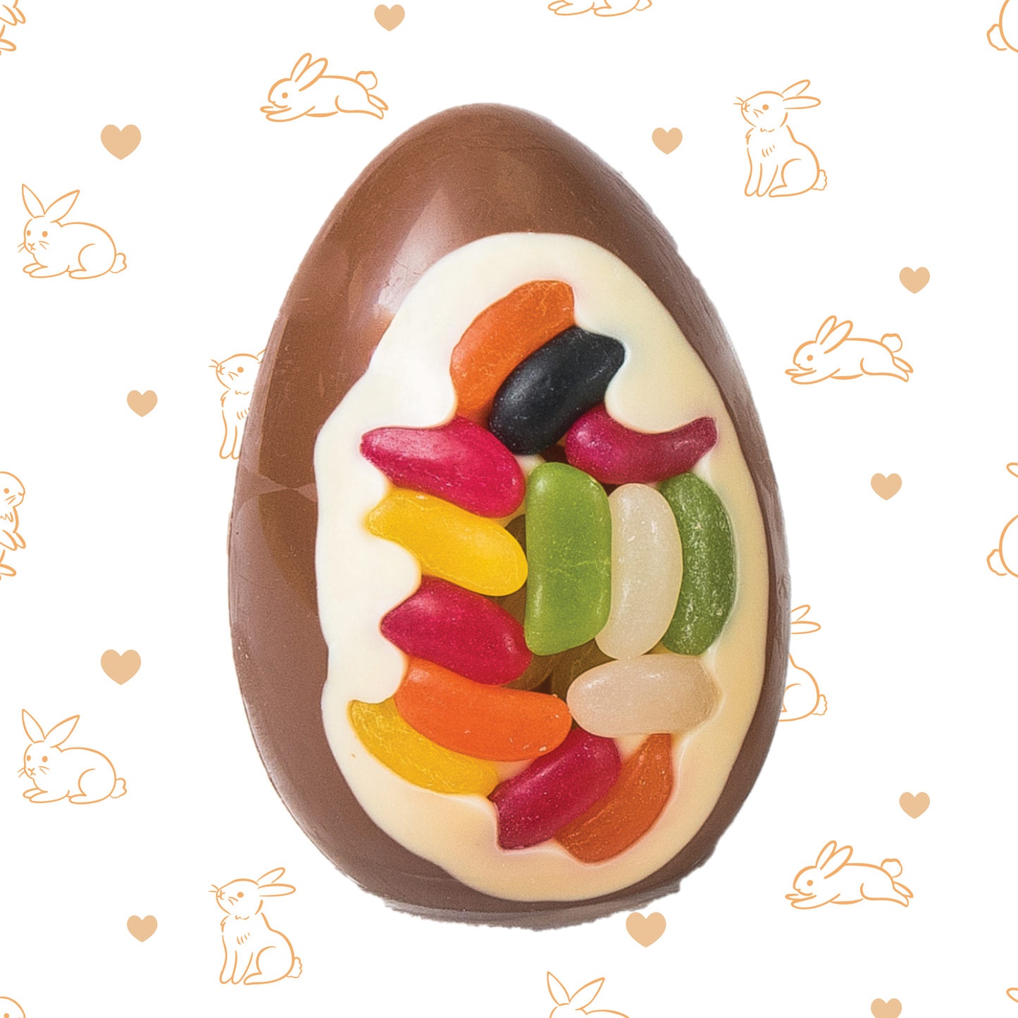 Chocolate egg with colorful jelly beans on a patterned background