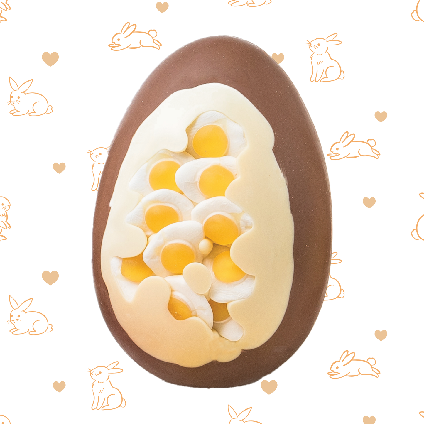 Chocolate egg with a fried egg sweets front on a patterned background with bunnies and hearts.