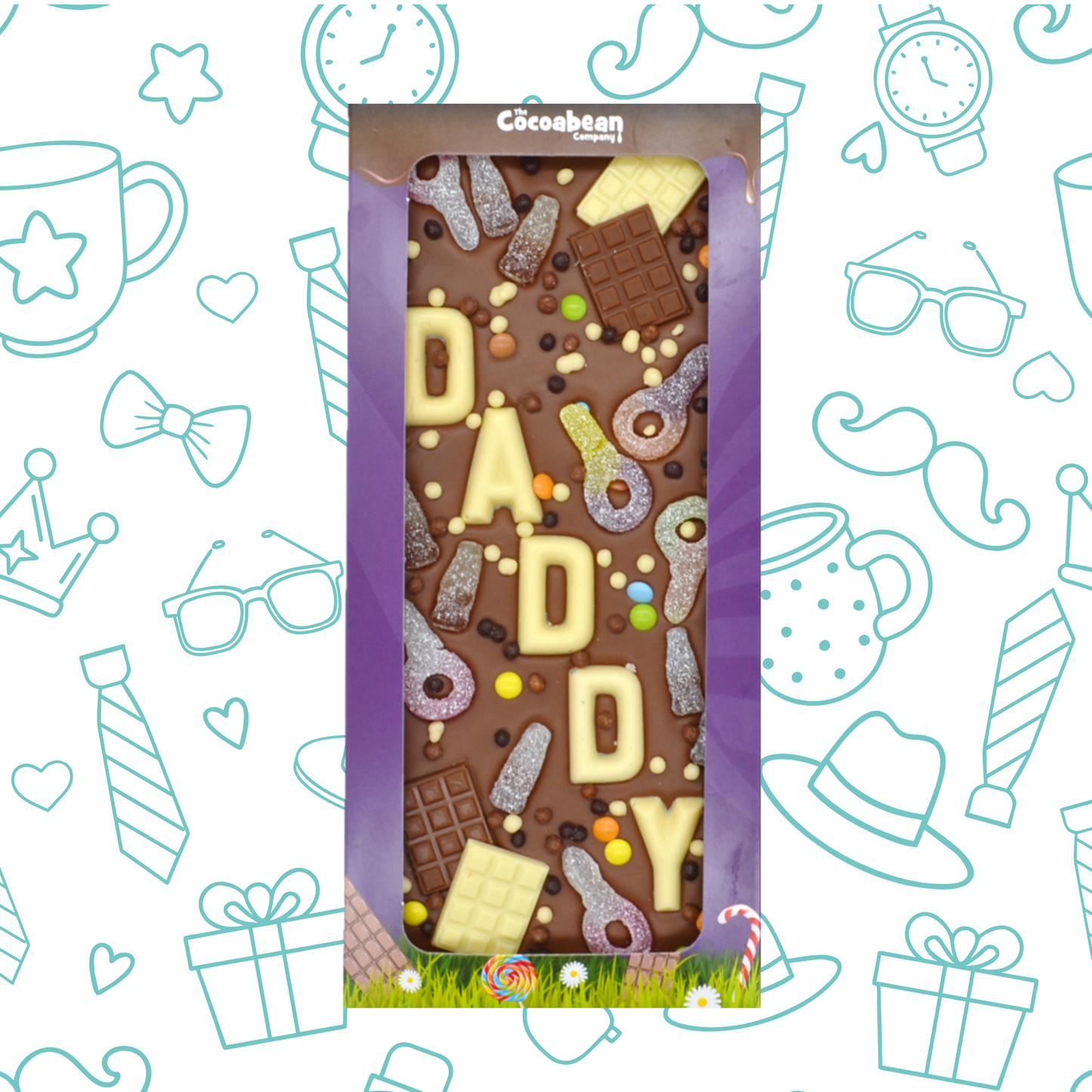 Chocolate bar with 'DADDY' in letters, branded 'Cocoon Bean', on a decorative background with Father's Day icons.