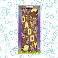 Chocolate bar with 'DADDY' in letters, branded 'Cocoon Bean', on a decorative background with Father's Day icons.