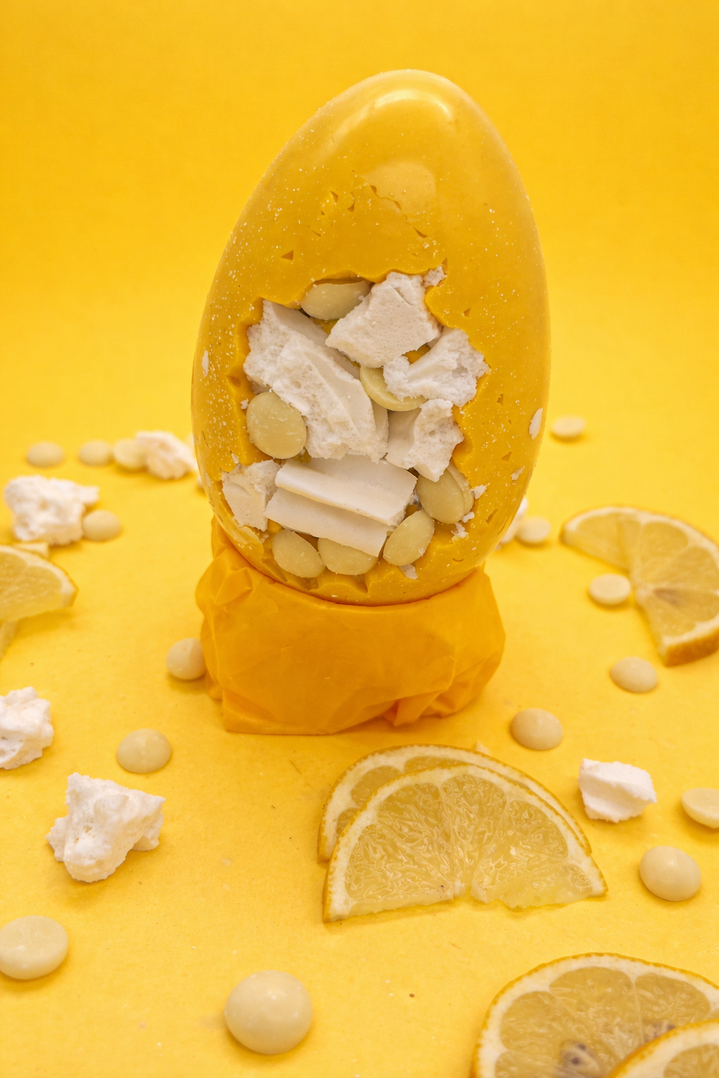 Yellow easter egg with white meringue chunks on a yellow background with lemon slices