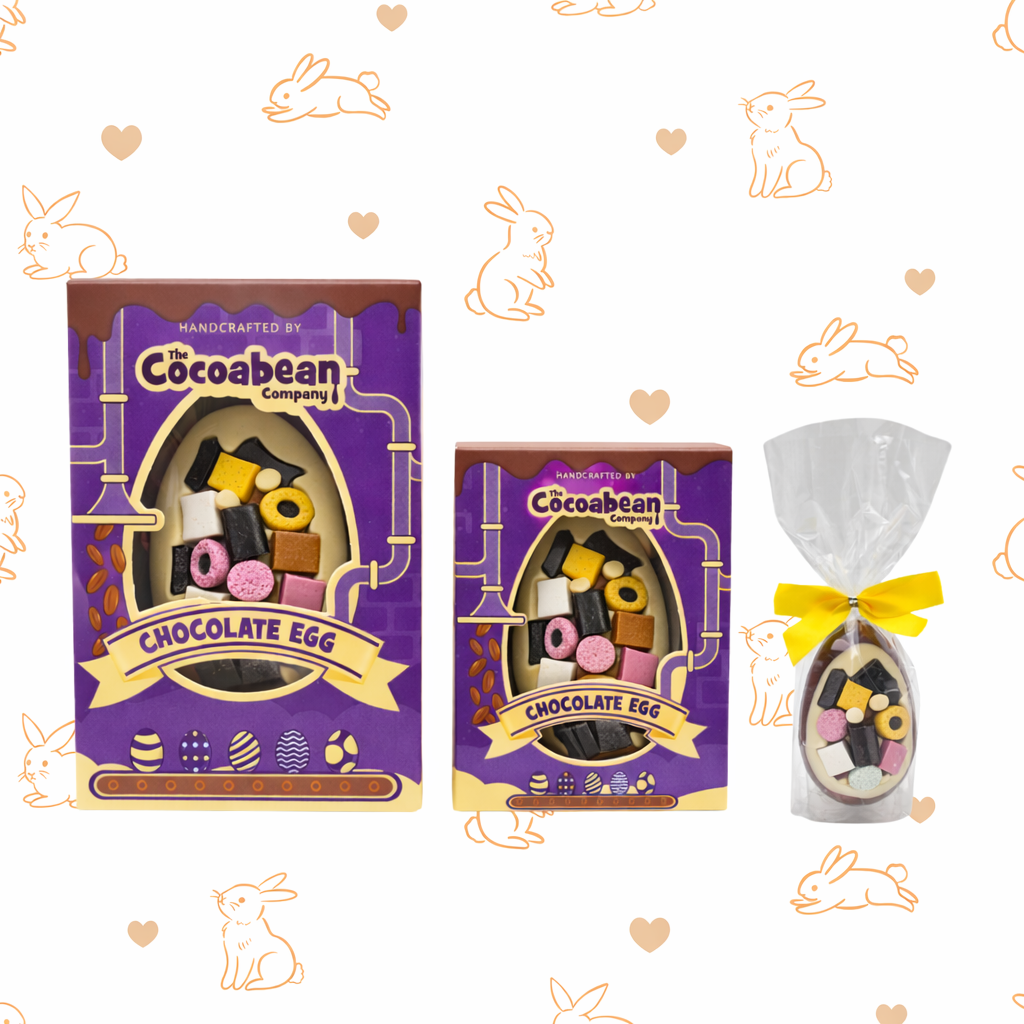 Two packages of Cocoabean chocolate eggs with a decorative background featuring bunnies and hearts.