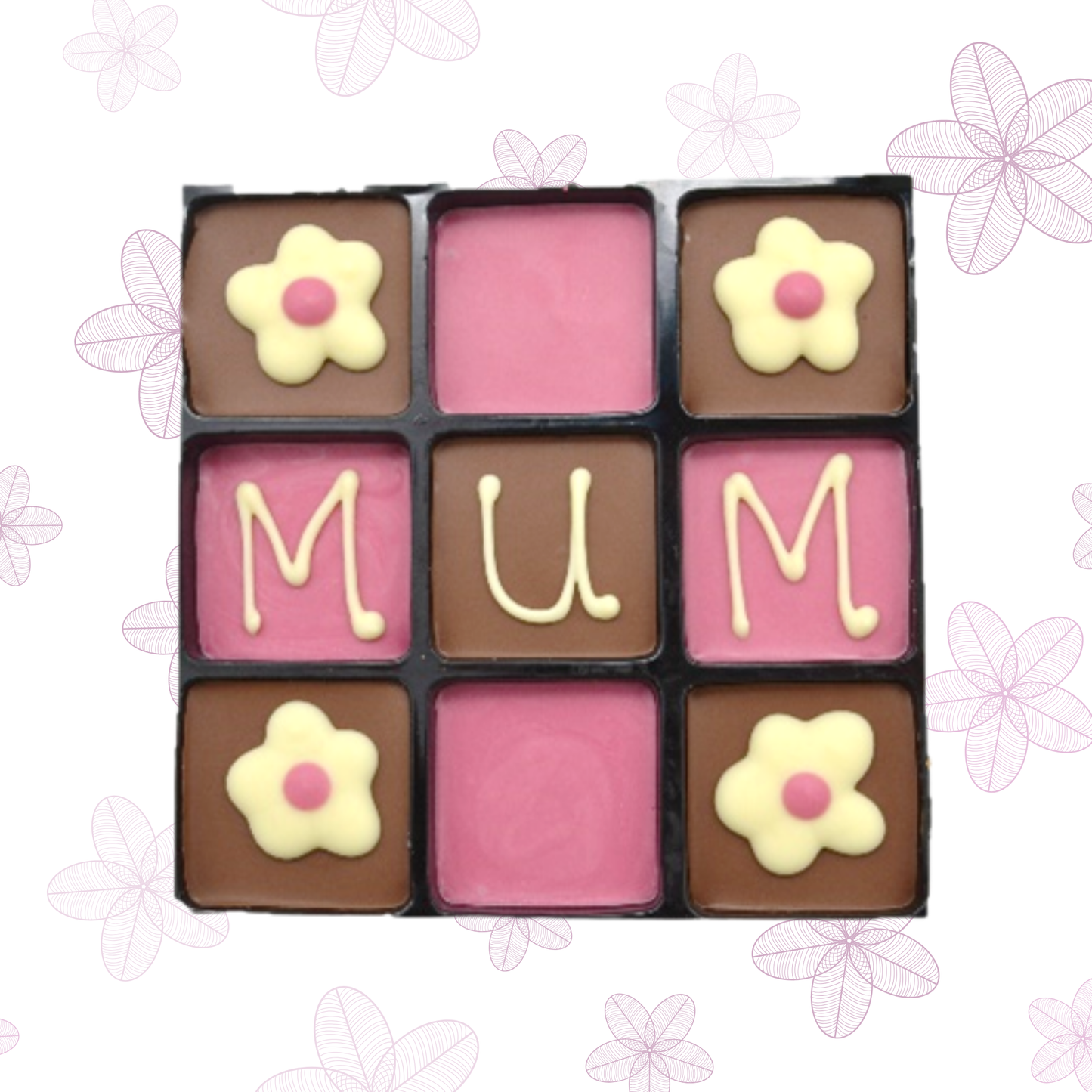 Chocolate box with flowers and 'MUM' text on a floral background