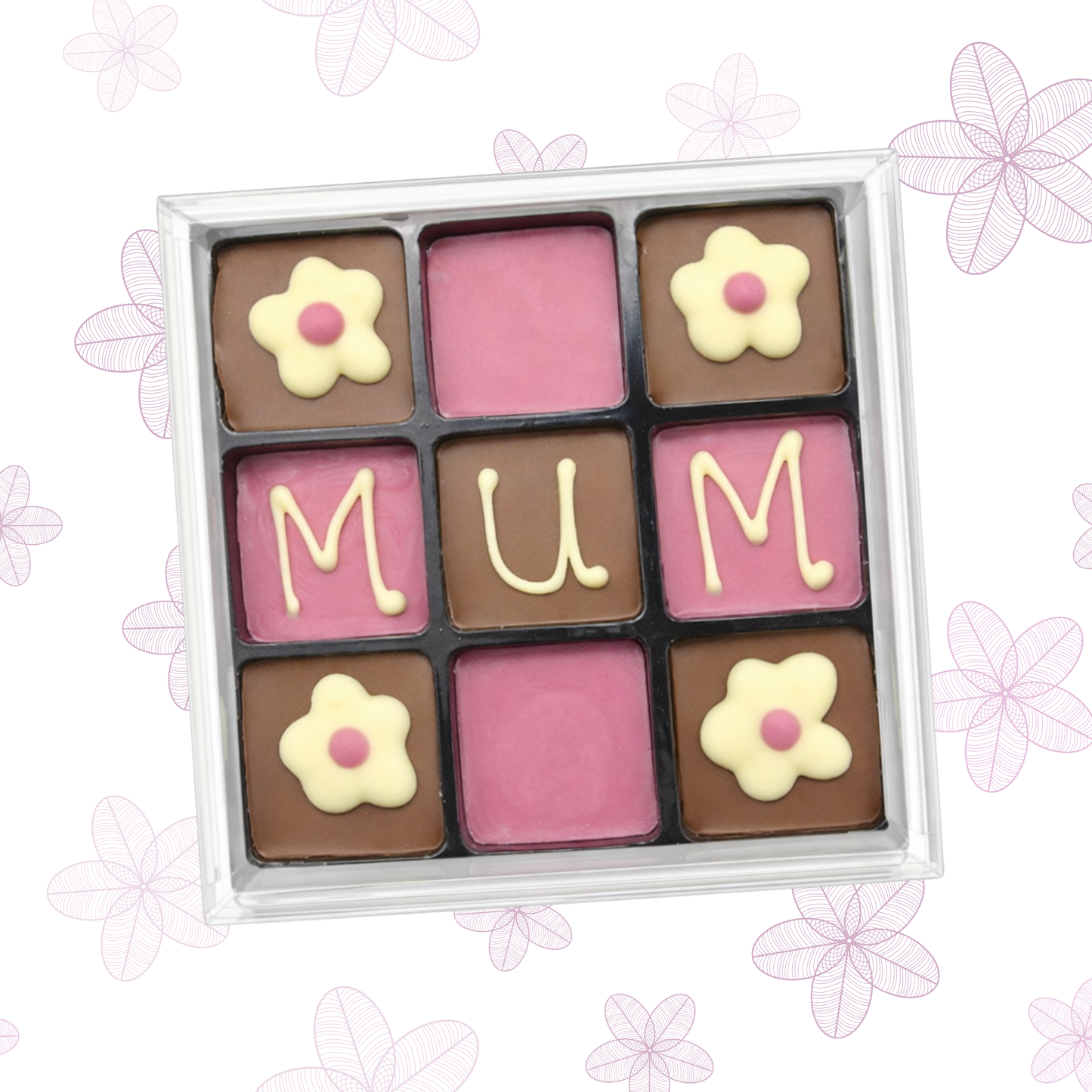 Box of chocolates with flowers and 'MUM' text on a floral background
