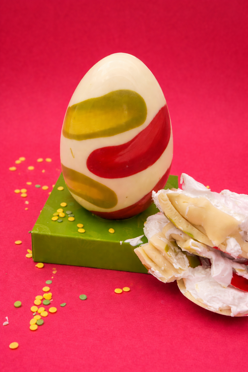 Decorative egg with colorful design on a pink background