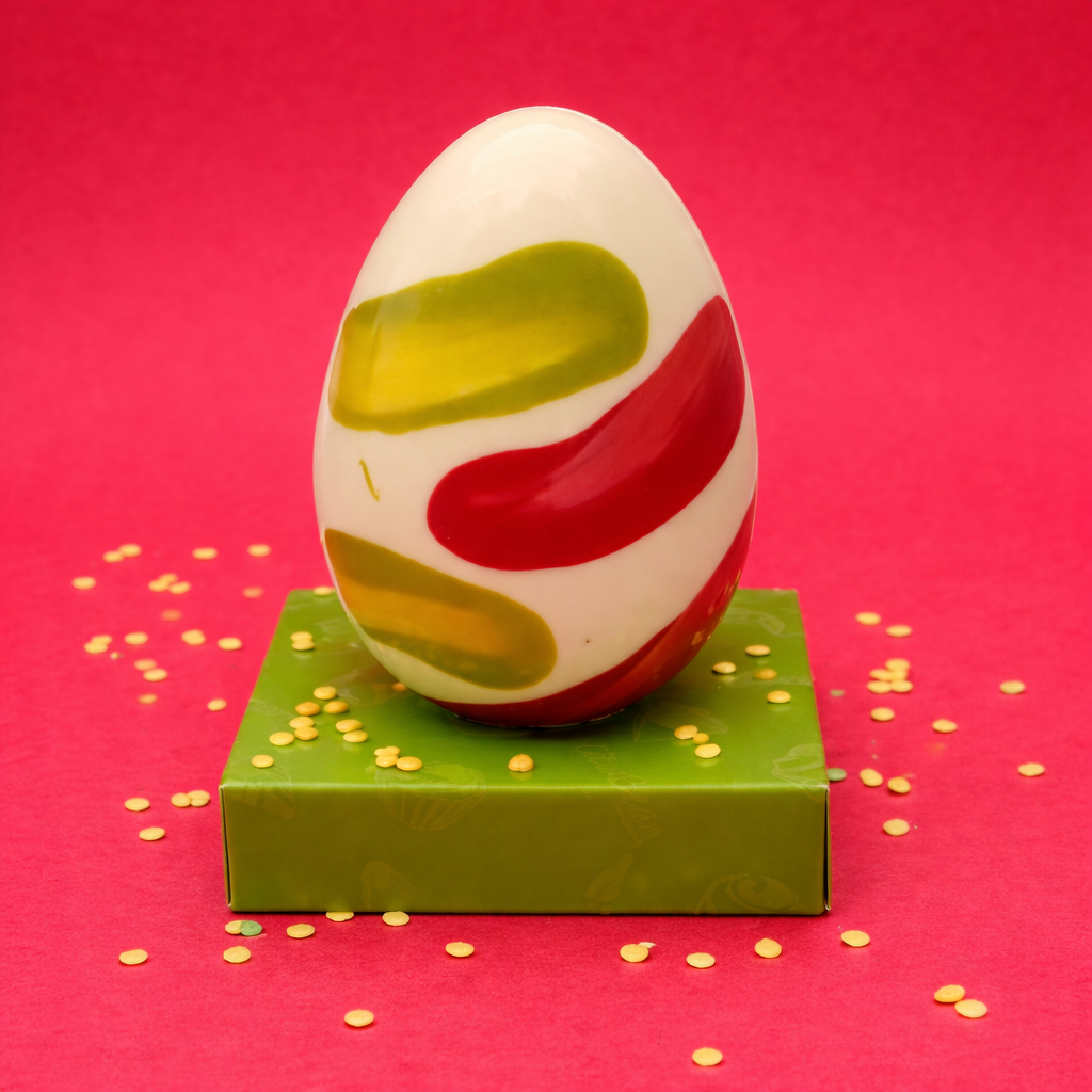 white chocolate egg on green plinth and pink backdrop