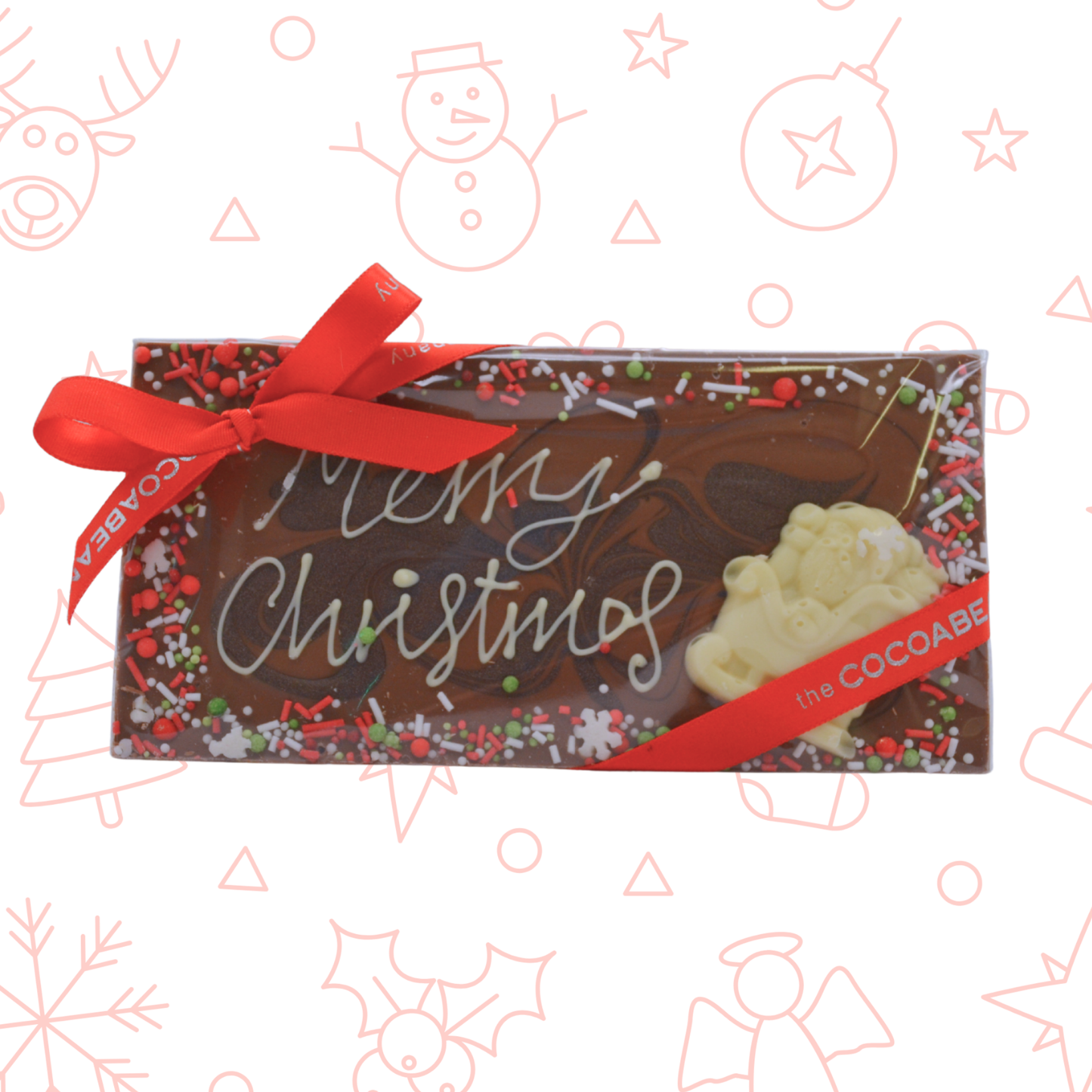 Chocolate bar with a red ribbon and 'Merry Christmas' text on a festive background