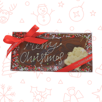 Chocolate bar with a red ribbon and 'Merry Christmas' text on a festive background