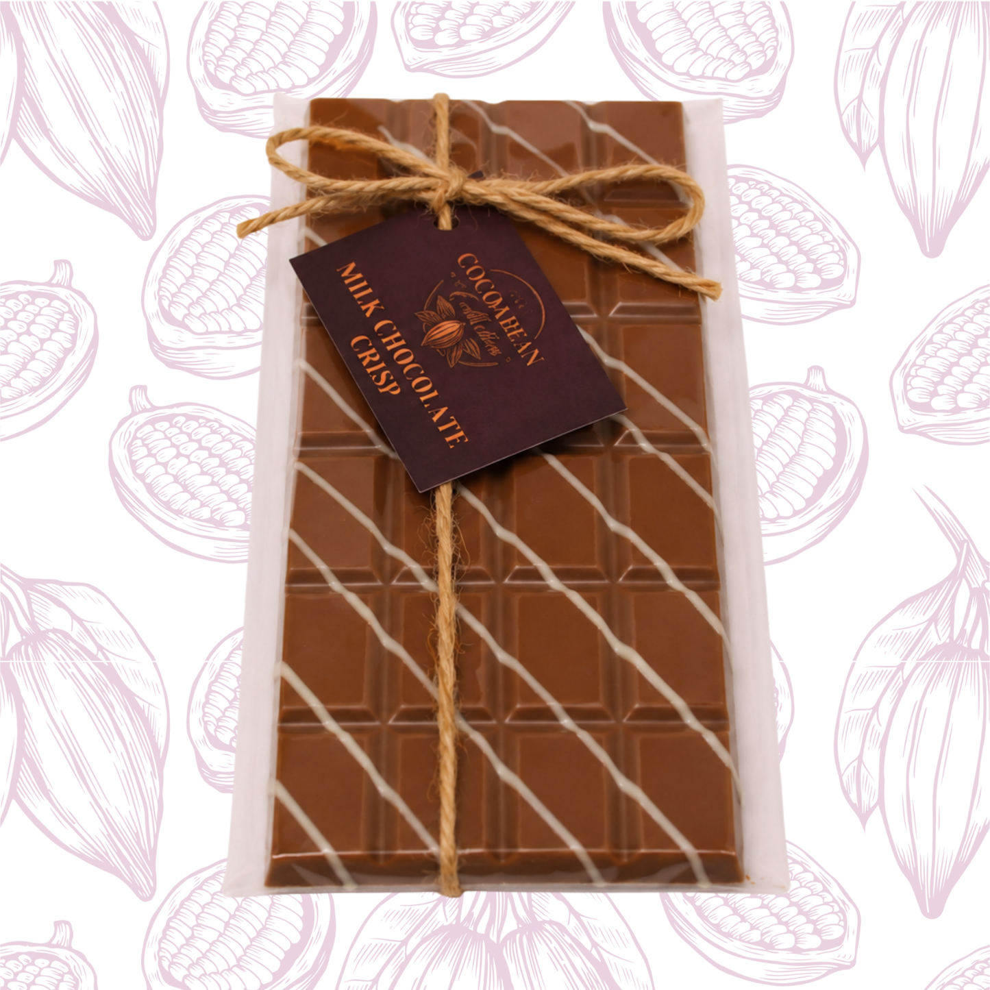 milk chocolate bar with white diagonal stripes on decorative background