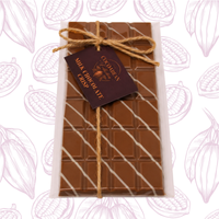 milk chocolate bar with white diagonal stripes on decorative background