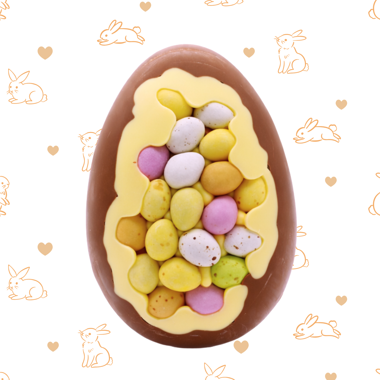 Chocolate Easter egg filled with small pastel eggs on a patterned background with bunnies and hearts.