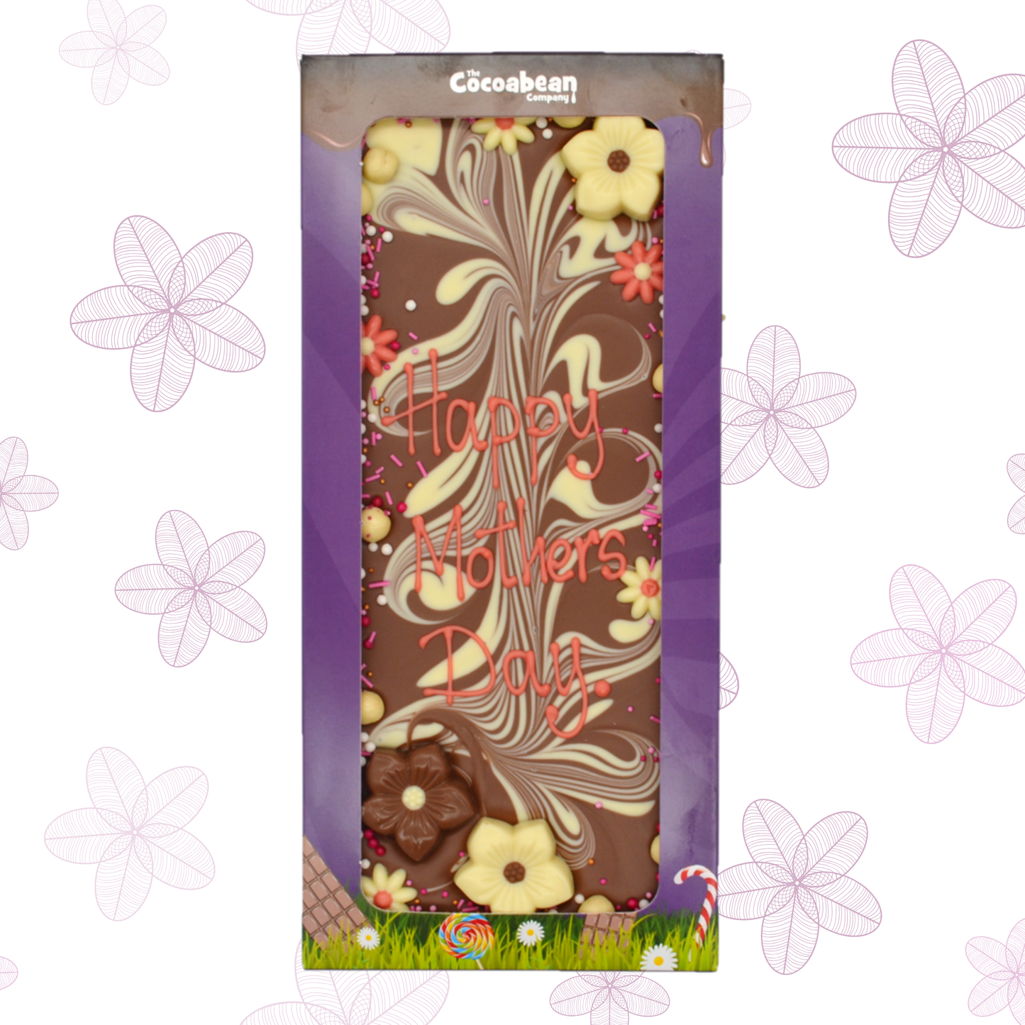 Chocolate bar with 'Happy Mother's Day' text in a decorative box on a floral background