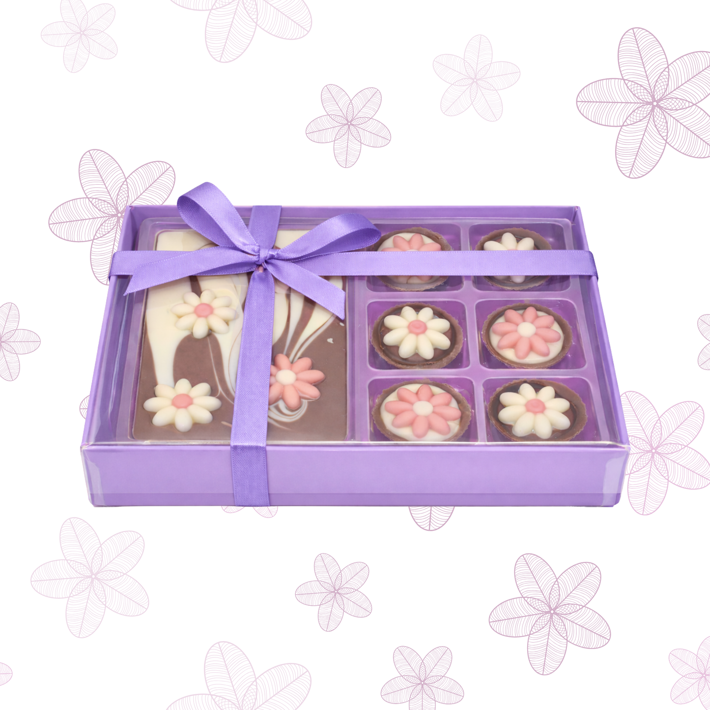 Box of chocolates with a purple ribbon on a floral background