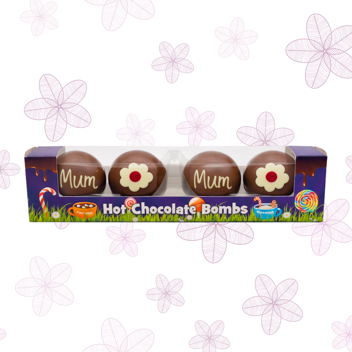 Box of Hot Chocolate Bombs with 'Mum' and floral designs on a decorative background