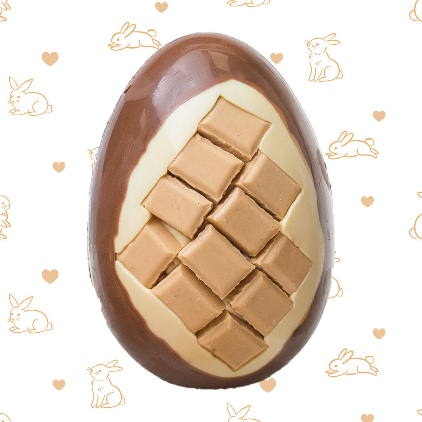 Chocolate egg with peanut butter chocolate on a white background with Easter-themed illustrations