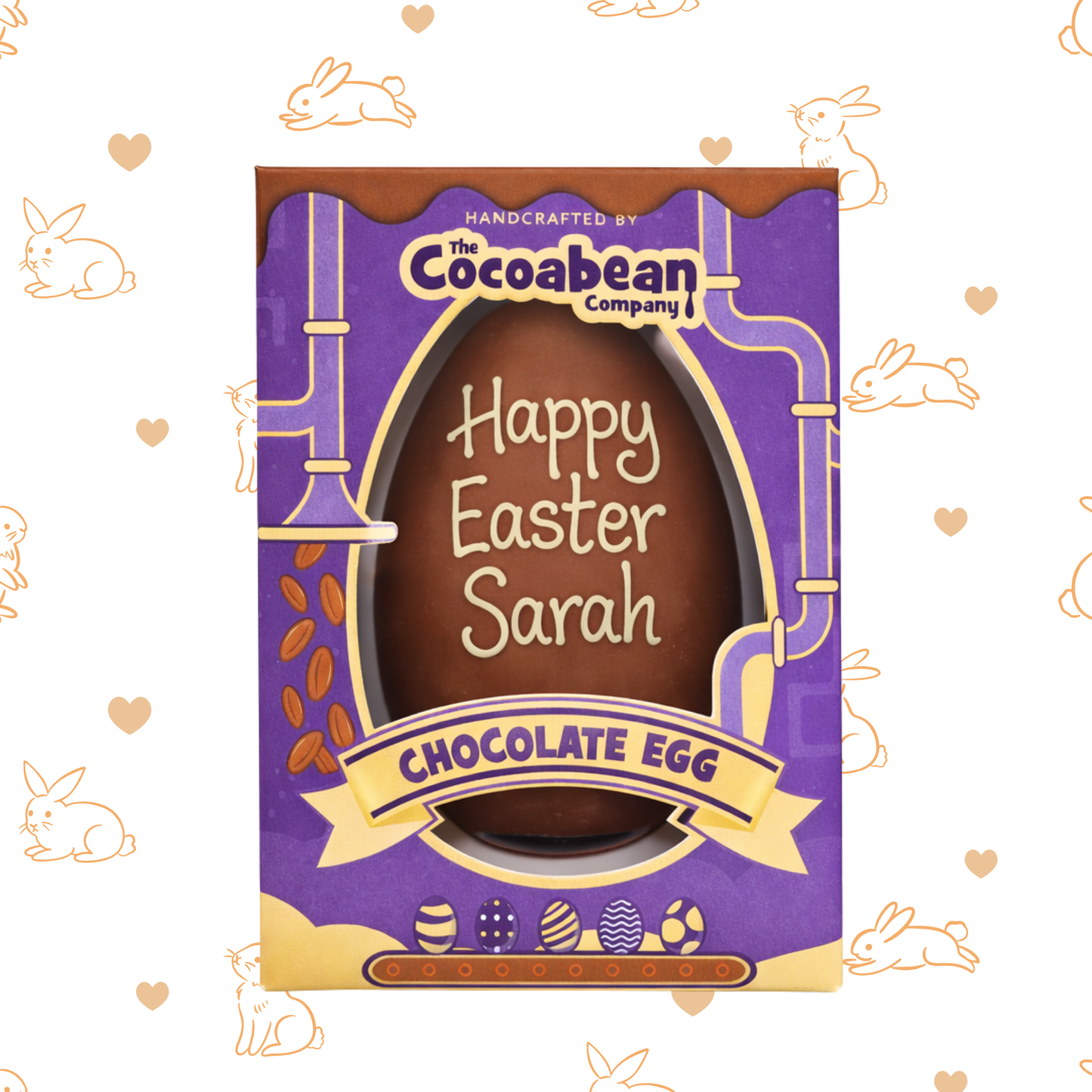 Easter chocolate egg in a purple packaging with 'Happy Easter Sarah' text, branded 'Cocoabean Company'.