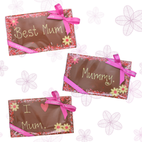 Three chocolate bars with 'Best Mum', 'Mummy', and 'I Mum' text on a decorative background.