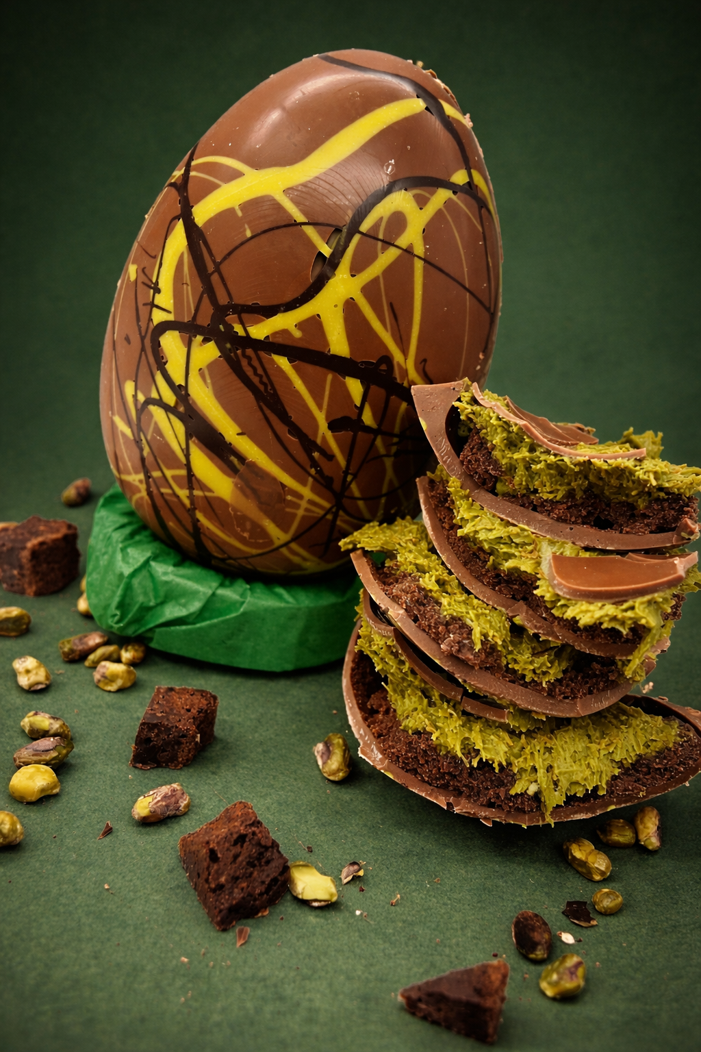 Chocolate Easter egg with a green interior, surrounded by chocolate pieces and gold leaves on a dark green background.
